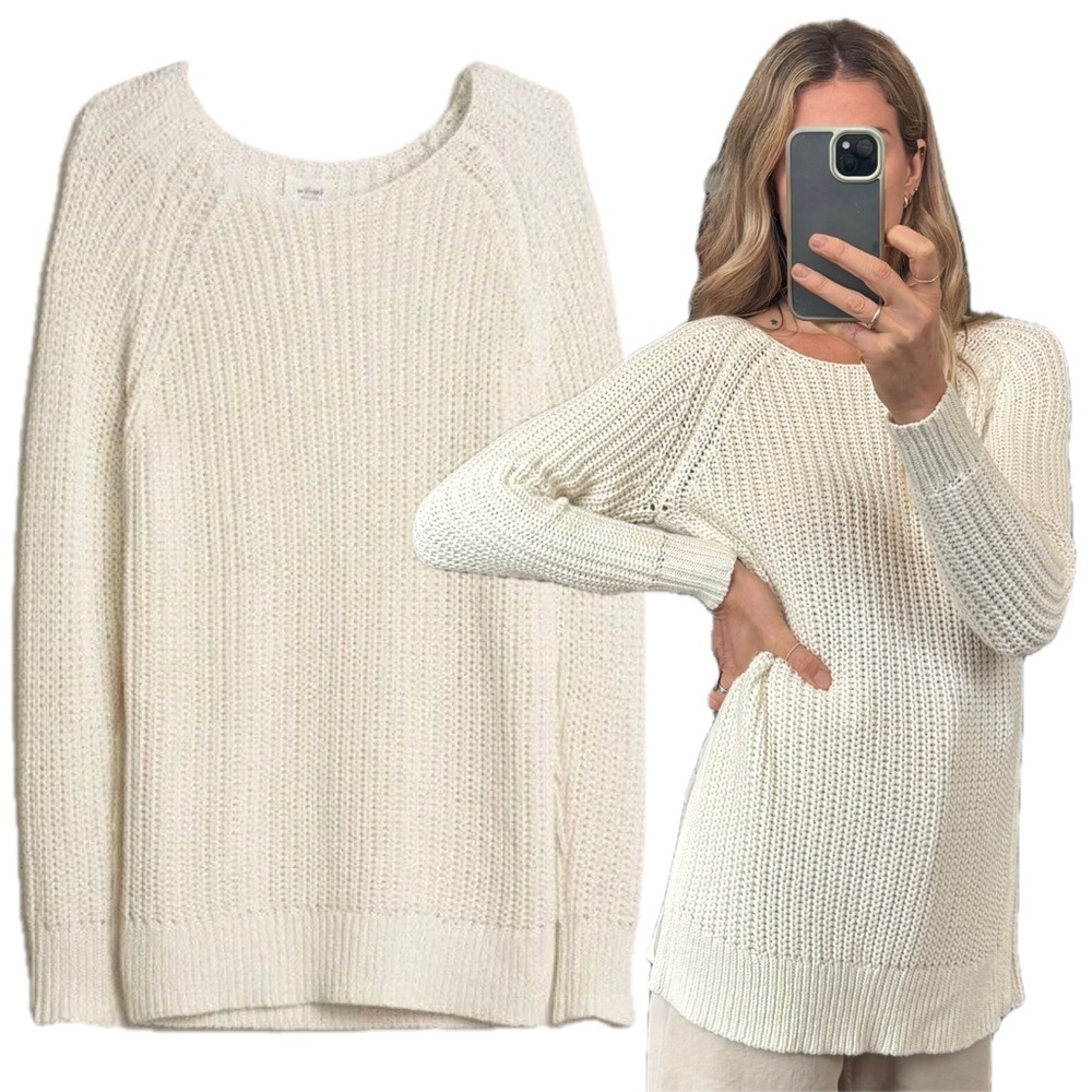 Wilfred Aritzia White Linen Cotton Blend Knit Crochet Woven Side Slit Sweater